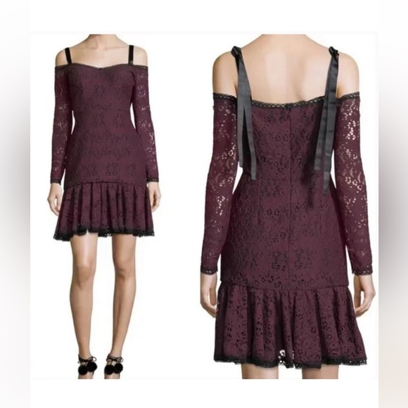 NWT Alexis Sophie Burgundy Lace Off Shoulder Tie Shoulder Dress. Small - Picture 3 of 14